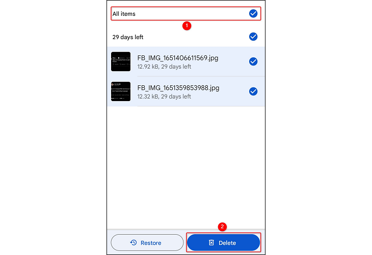 Выбор «Все элементы» в корзине Files by Google