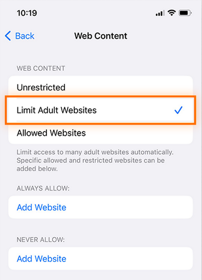 Добавление сайта в ограничение доступа на iPhone через Screen Time