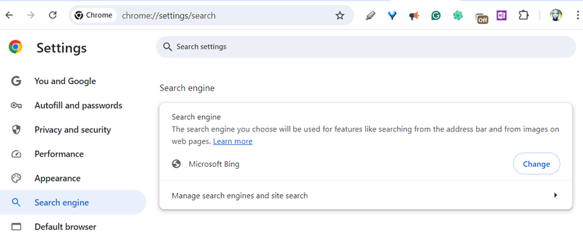 Страница поисковой системы в настройках Google Chrome, где Bing установлен по умолчанию.