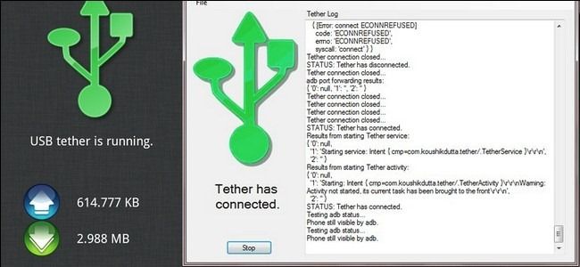 Tether con icona USB verde che indica connessione attiva