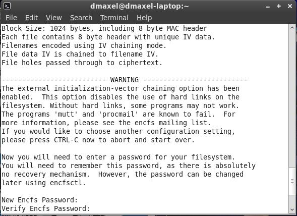 Процесс монтирования ENCFS и окно пароля