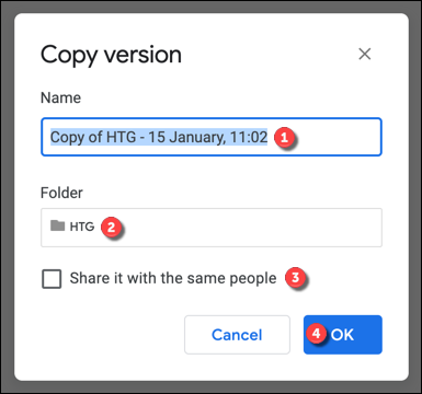 В окне «Копировать версию» укажите имя, папку и при необходимости выберите «Поделиться с теми же пользователями», после чего нажмите «ОК».