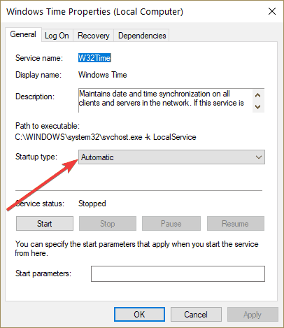 Настройка типа запуска службы Windows Time