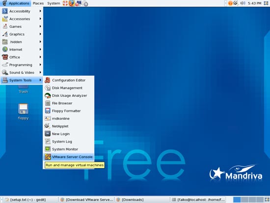 Значок VMware Server в меню Mandriva