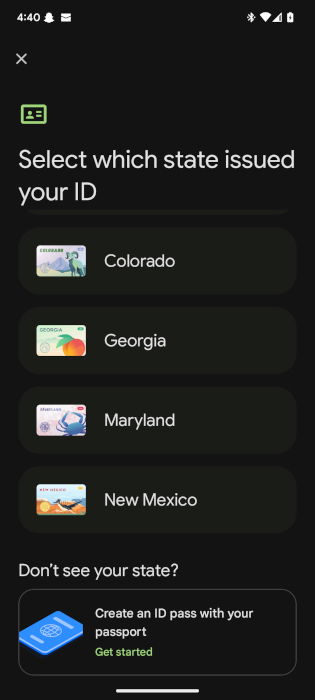 Выбор штата для цифрового ID
