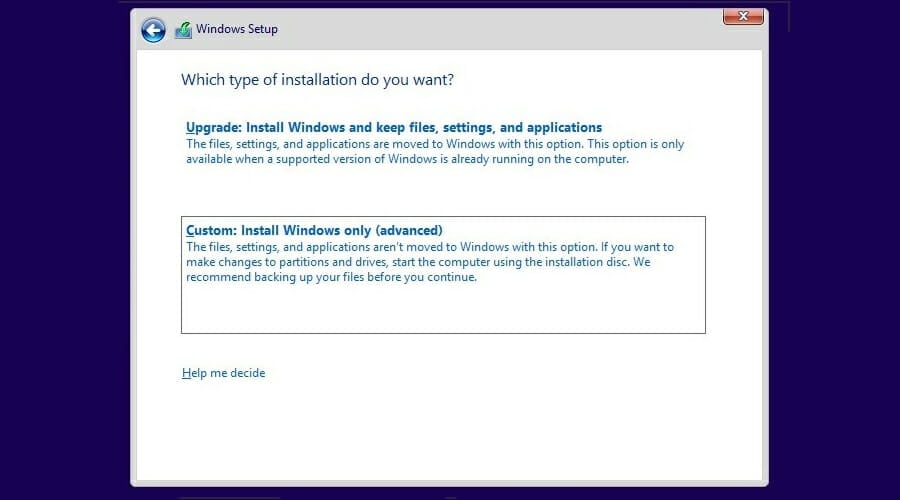 Опция Custom: Install Windows only