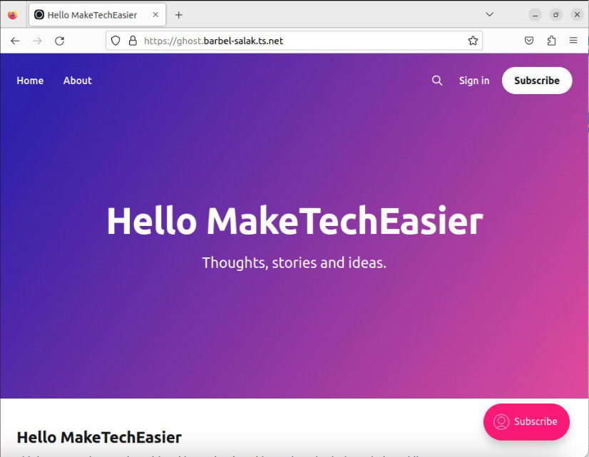 Рабочая установка Ghost через Tailscale.