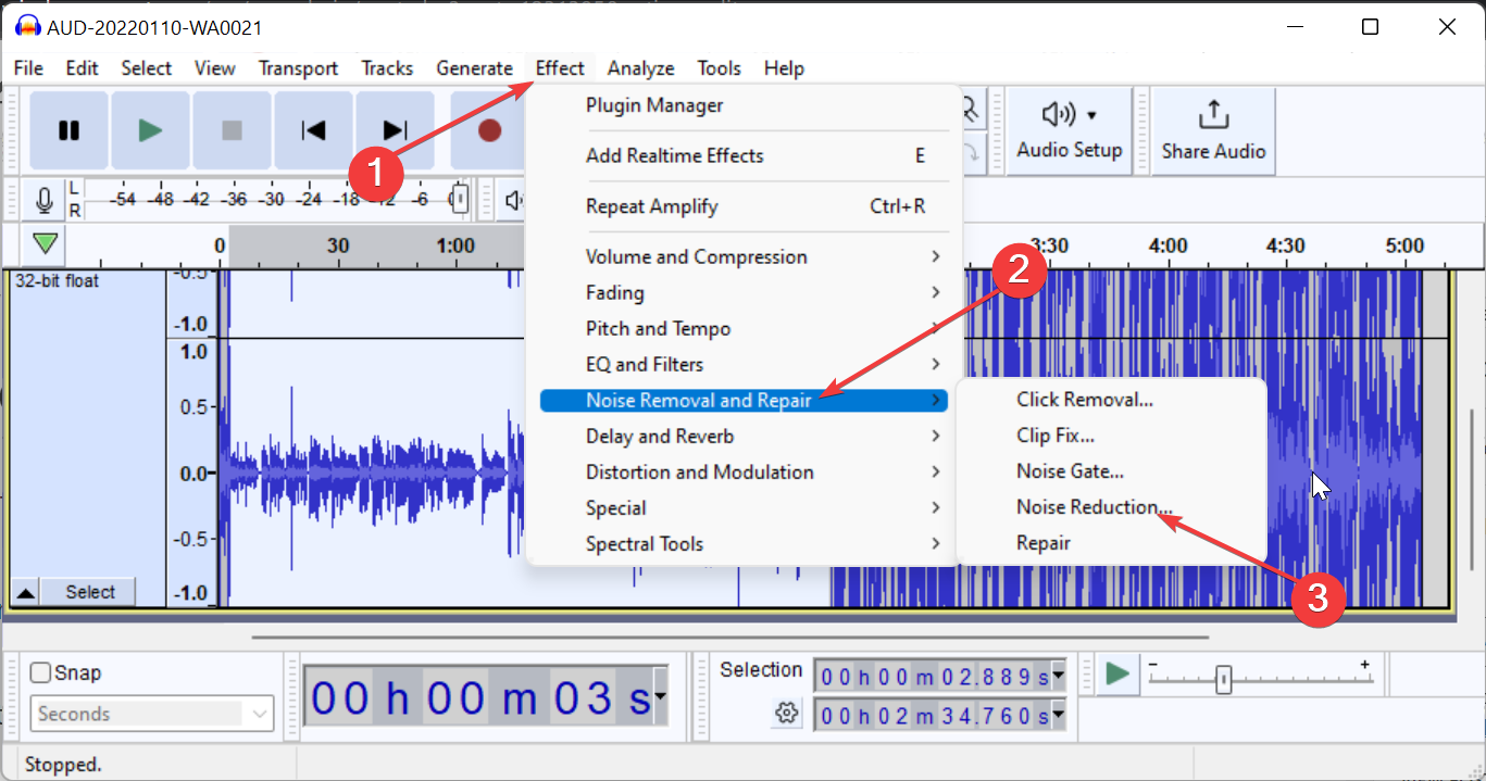 Выбор шумоподавления в Audacity