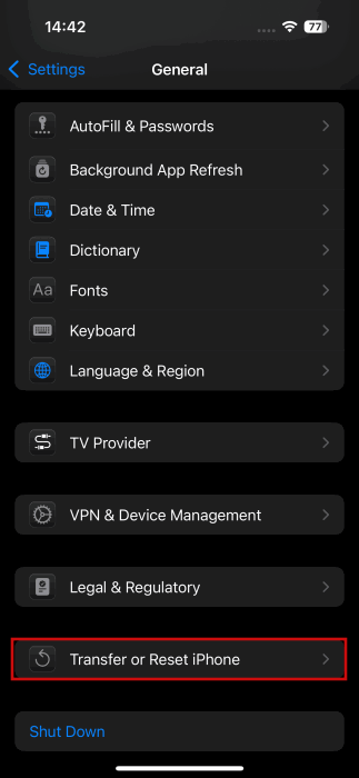 Переход к меню Перенос или сброс iPhone
