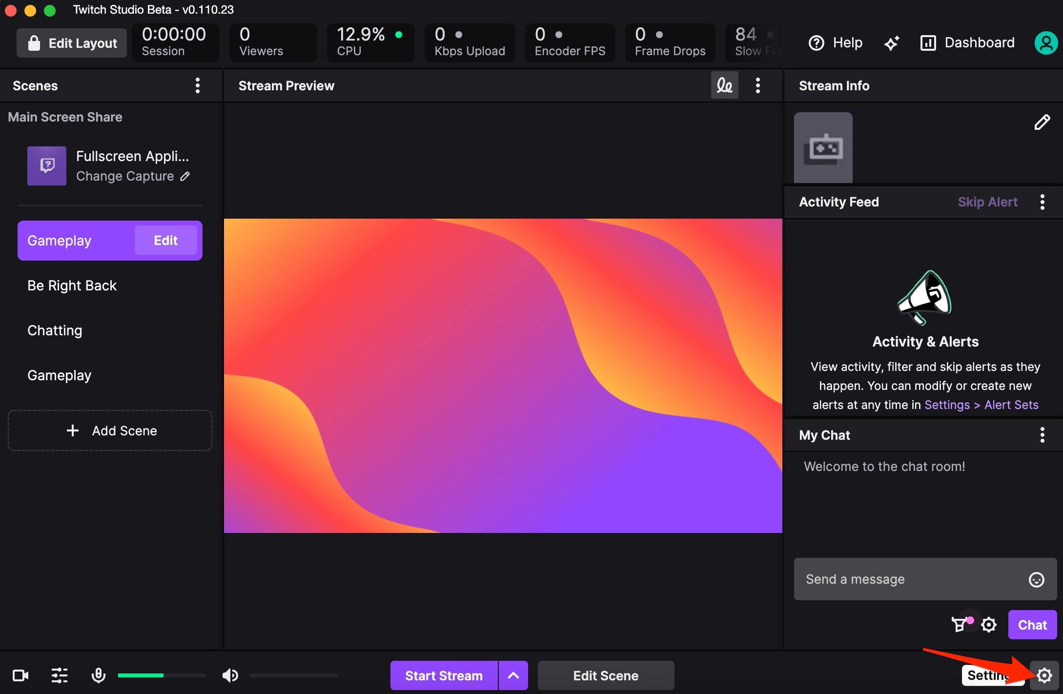 Экран настроек Twitch