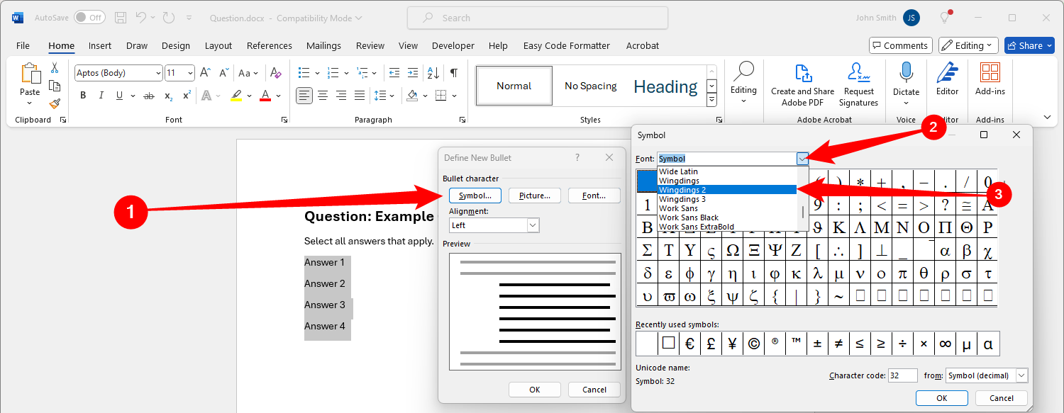 Окно выбора символа маркера с использованием шрифта Wingdings 2. 
