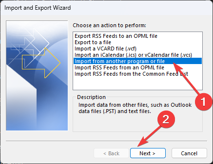Sélection du type Outlook Data File (.pst) pour l'import