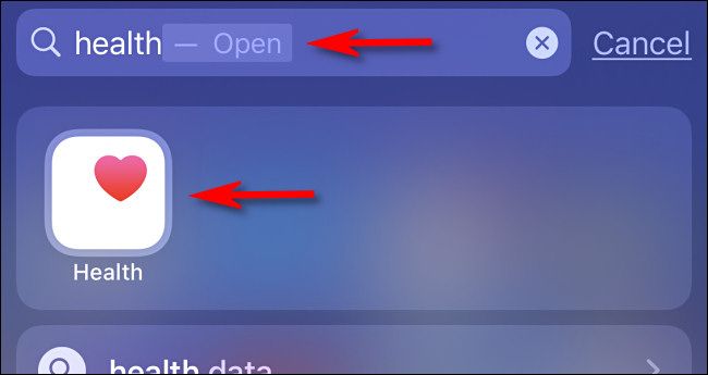 Поиск через Spotlight: введите «Здоровье» и нажмите иконку приложения