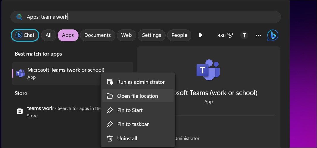 Переход к свойствам ярлыка Microsoft Teams