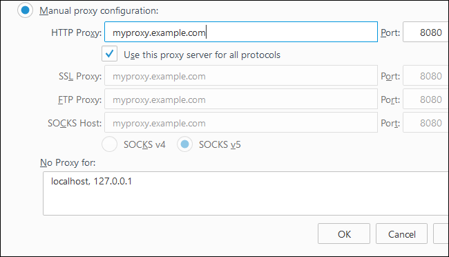 Поля для настройки SOCKS-прокси в Firefox