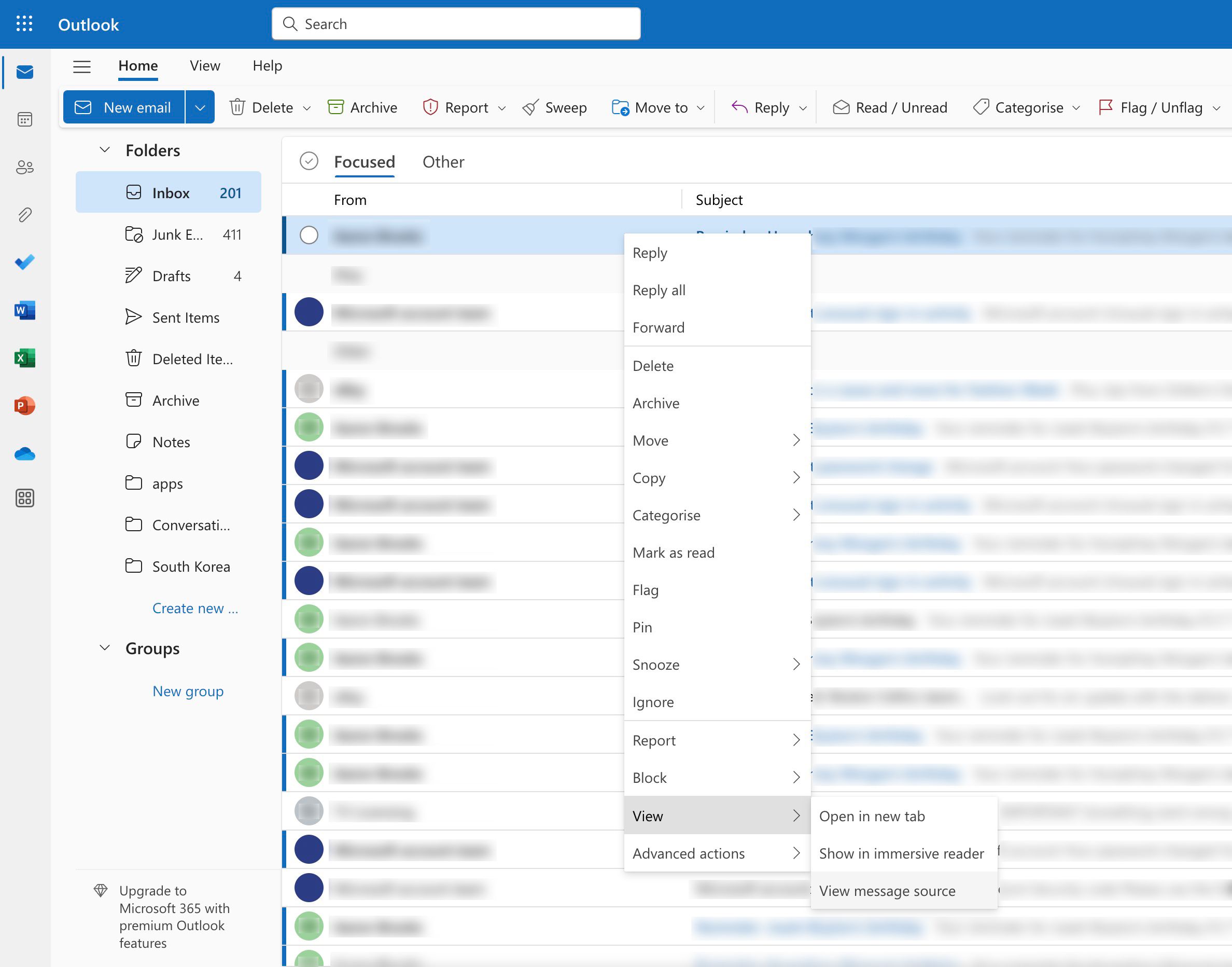 Скриншот, показывающий просмотр исходного кода сообщения в Outlook