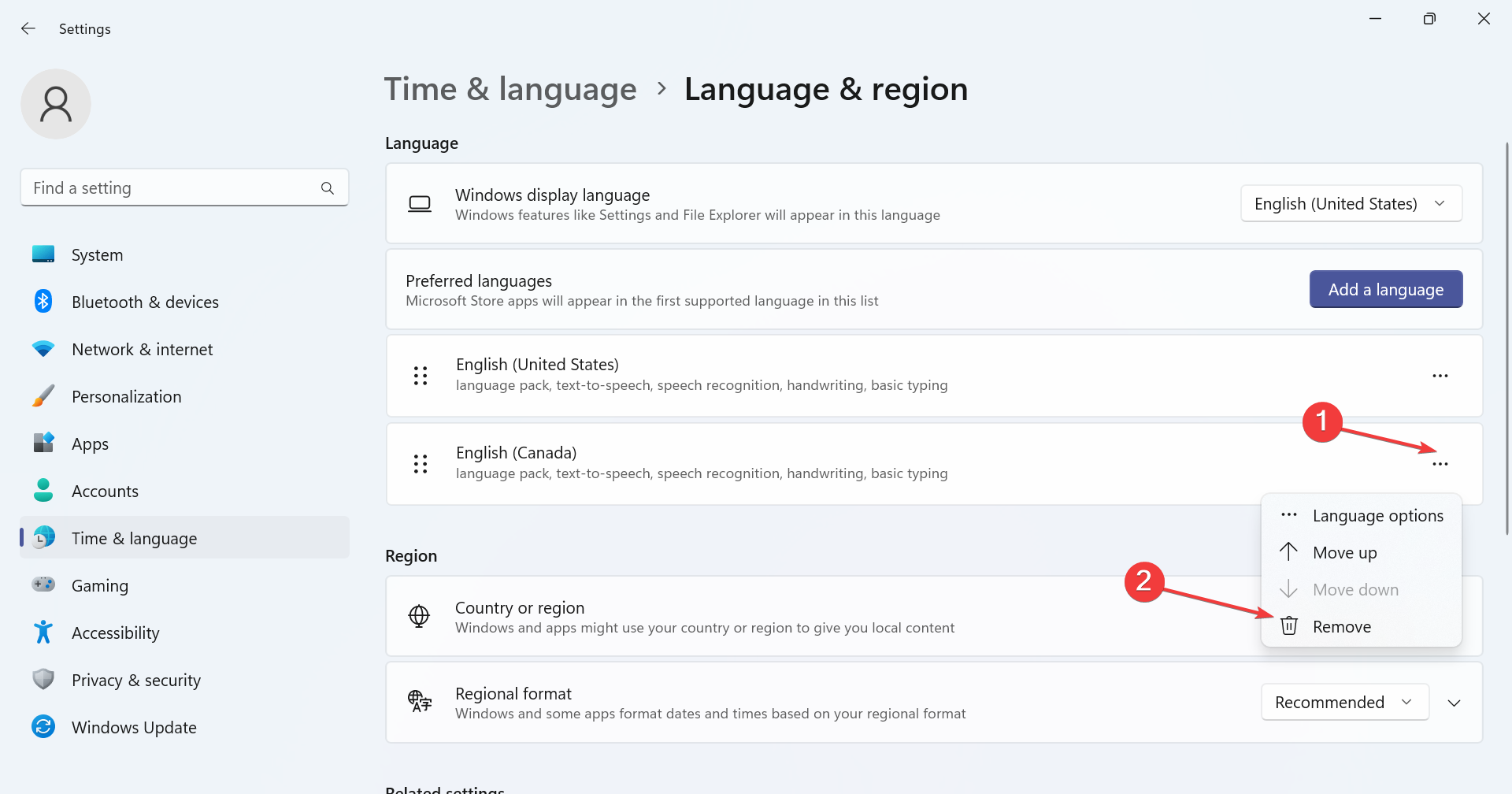 удалить язык интерфейса в Windows 11 через параметры