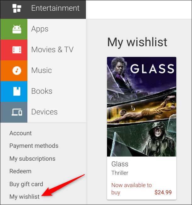 Ссылка 'Мой список желаемого' в боковой панели и пример содержимого списка