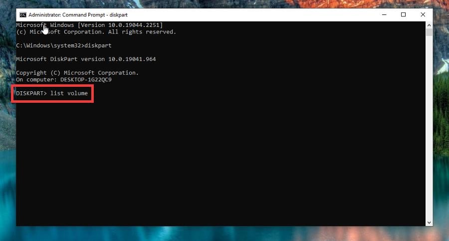 Результат команды list volume в diskpart
