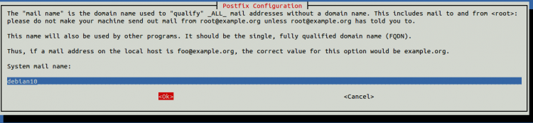 Диалог настройки system mail name (Postfix)