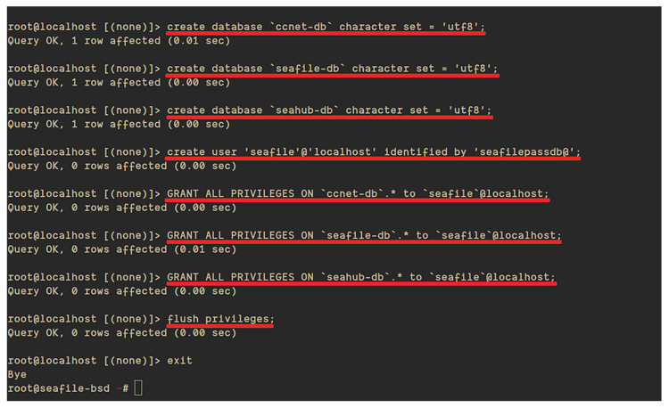 Базы данных MySQL для Seafile созданы
