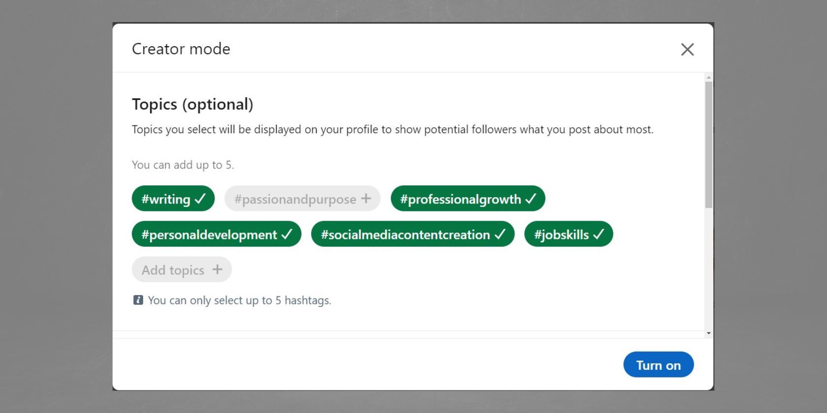 Добавление тем в режиме автора на LinkedIn