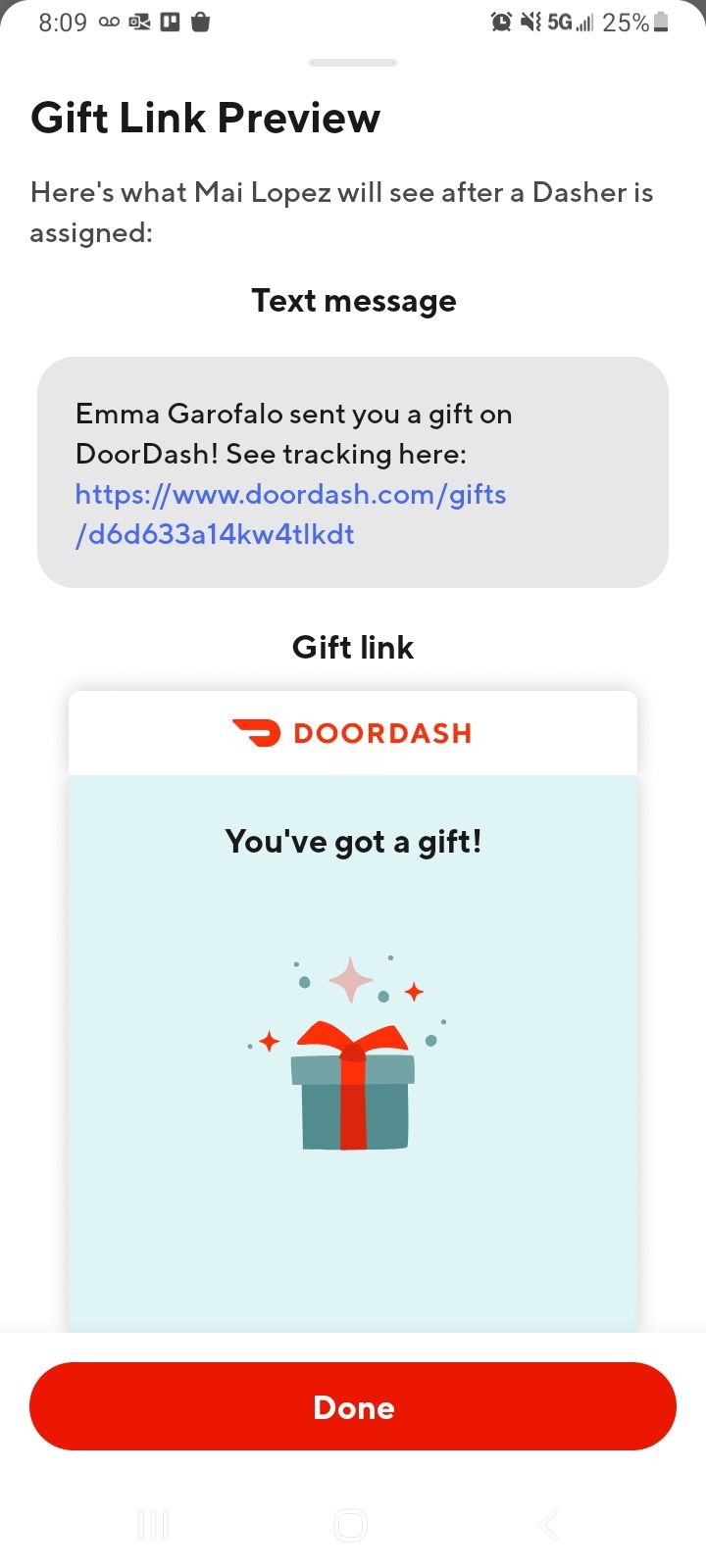 Виртуальный трекер подарка DoorDash с статусом доставки