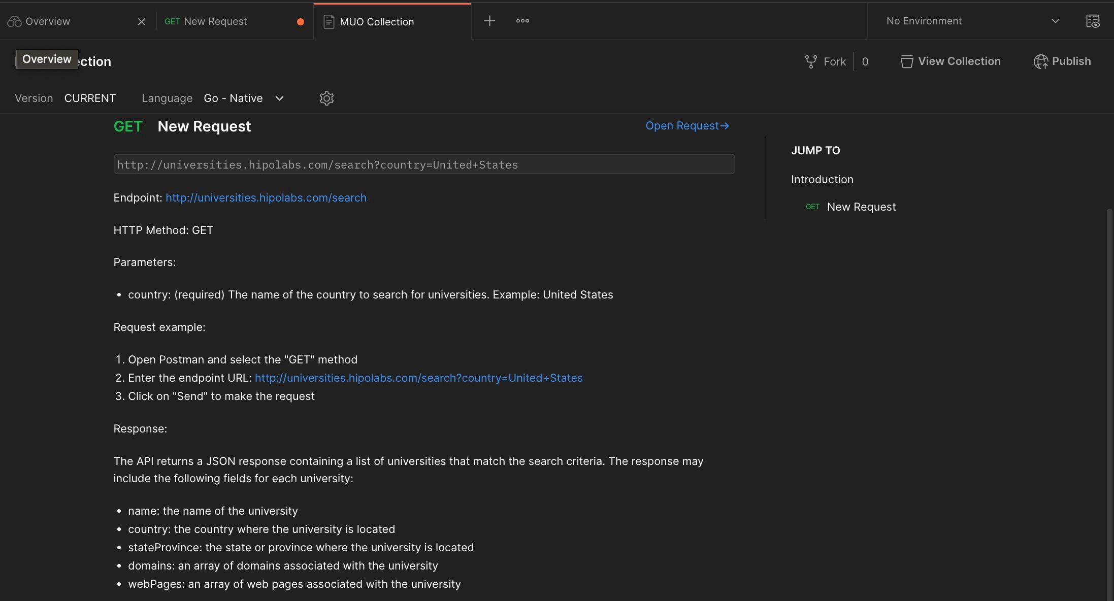 Страница публикации документации в Postman