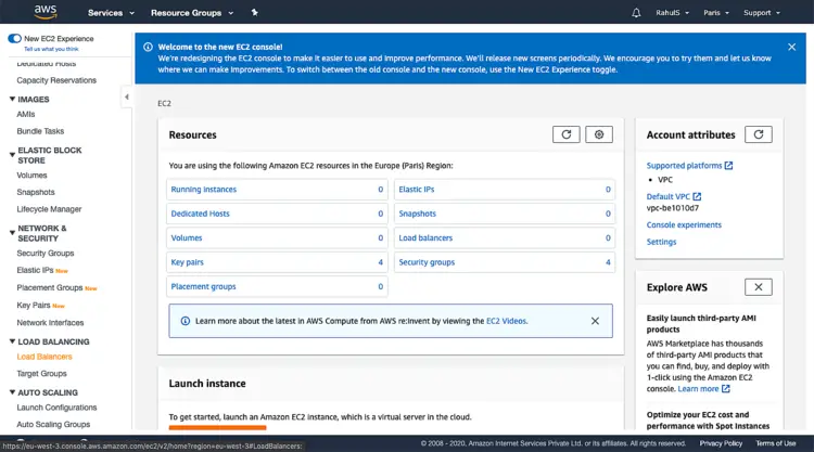 Раздел Load Balancer в консоли EC2