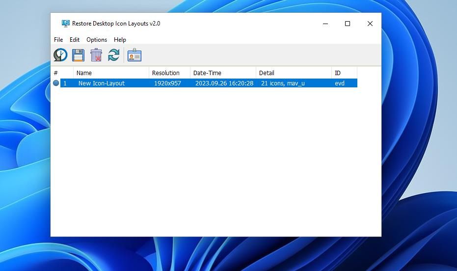 Окно Restore Desktop Icon Layouts (Relcon)
