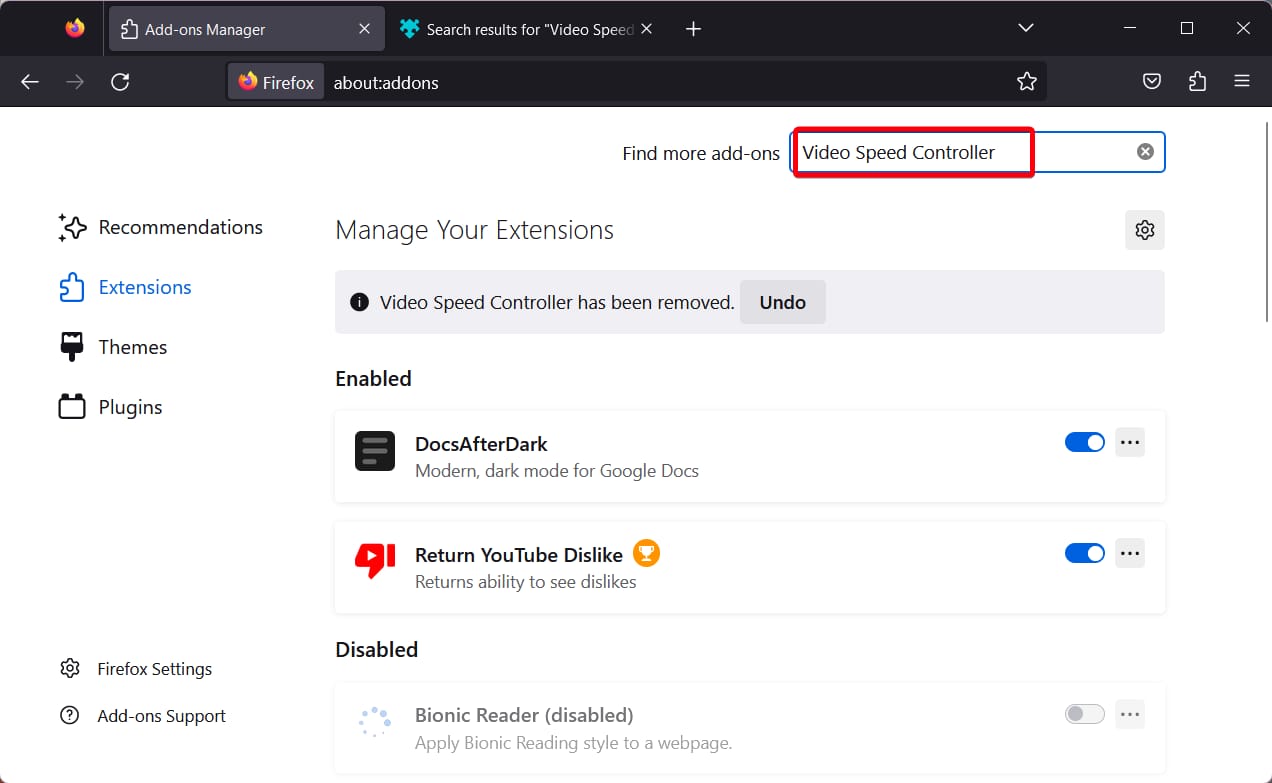 Поиск Video Speed Controller в магазине дополнений Firefox