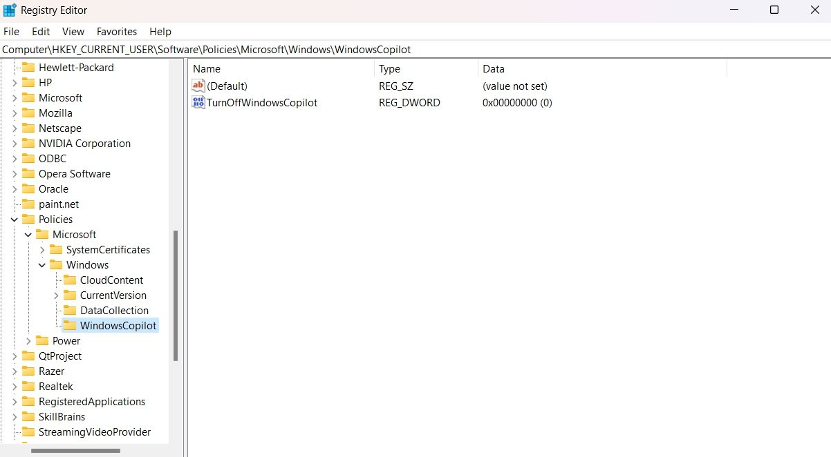 Значение TurnOffWindowsCopilot в Редакторе реестра