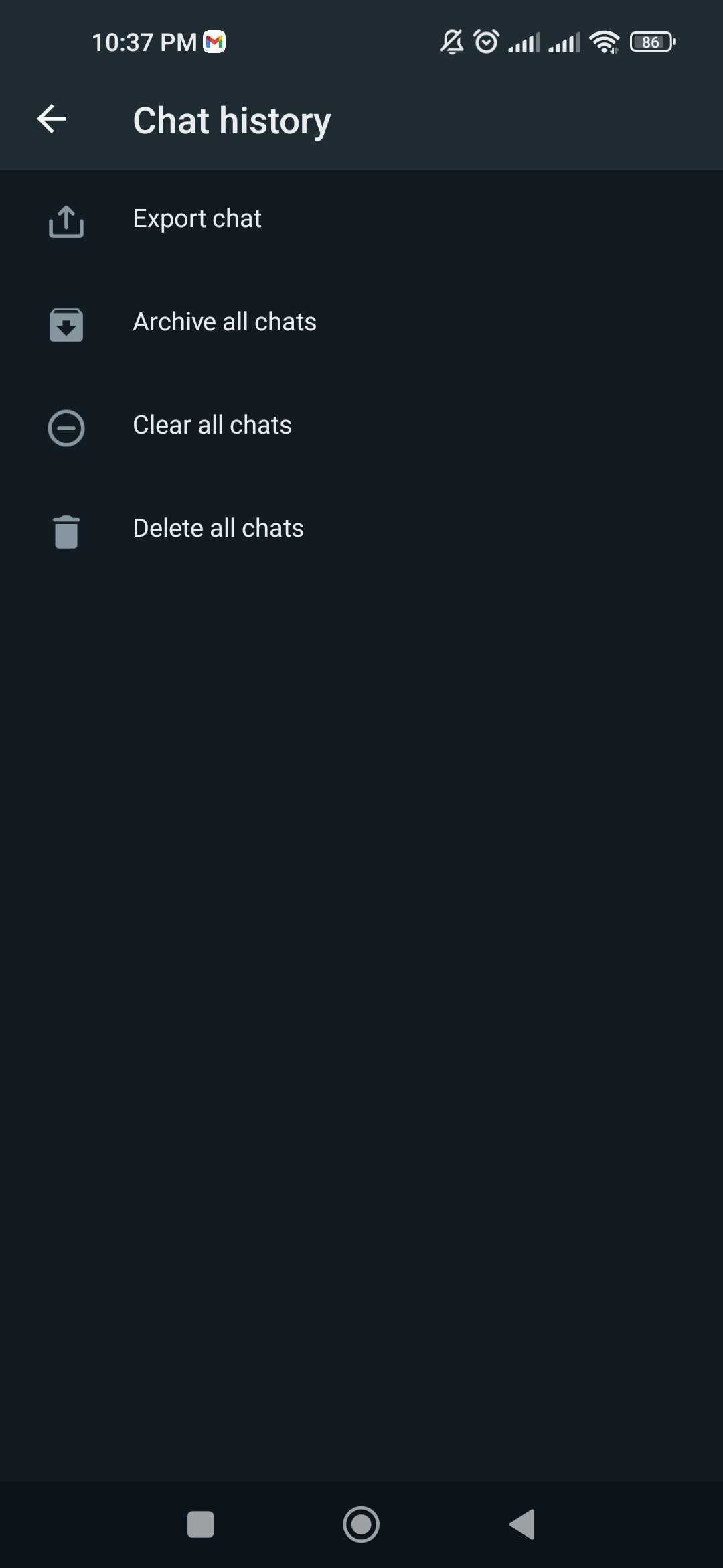 Меню «История чатов» в WhatsApp для Android