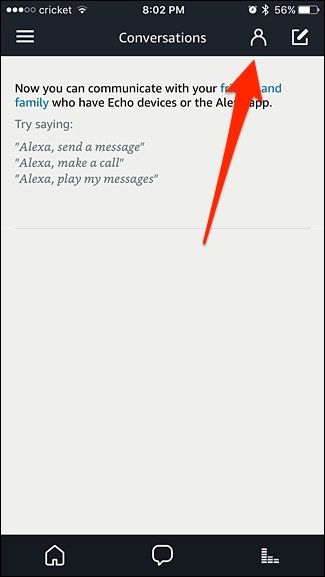 Кнопка Контакты в приложении Alexa