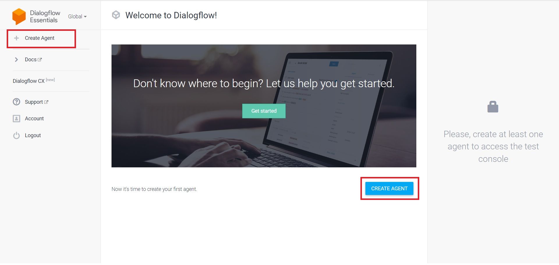 Create agent page on Google Dialogflow