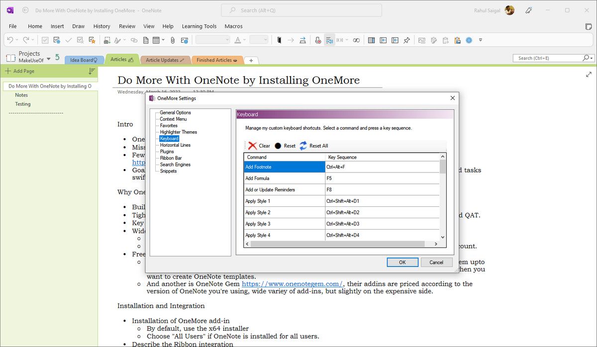 Сочетания клавиш OneMore