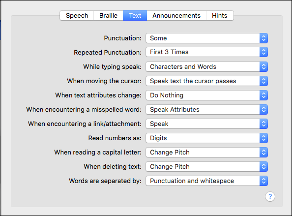 Параметры чтения текста и ввода