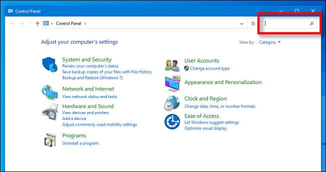 Поиск в Панели управления Windows 10: строка поиска находится в правом верхнем углу.