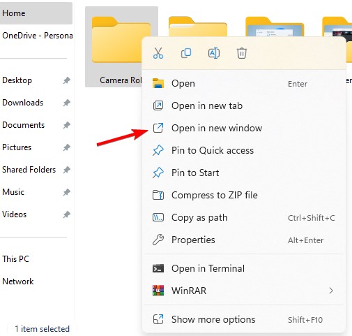 Контекстное меню папки с пунктом «Открыть в новом окне»