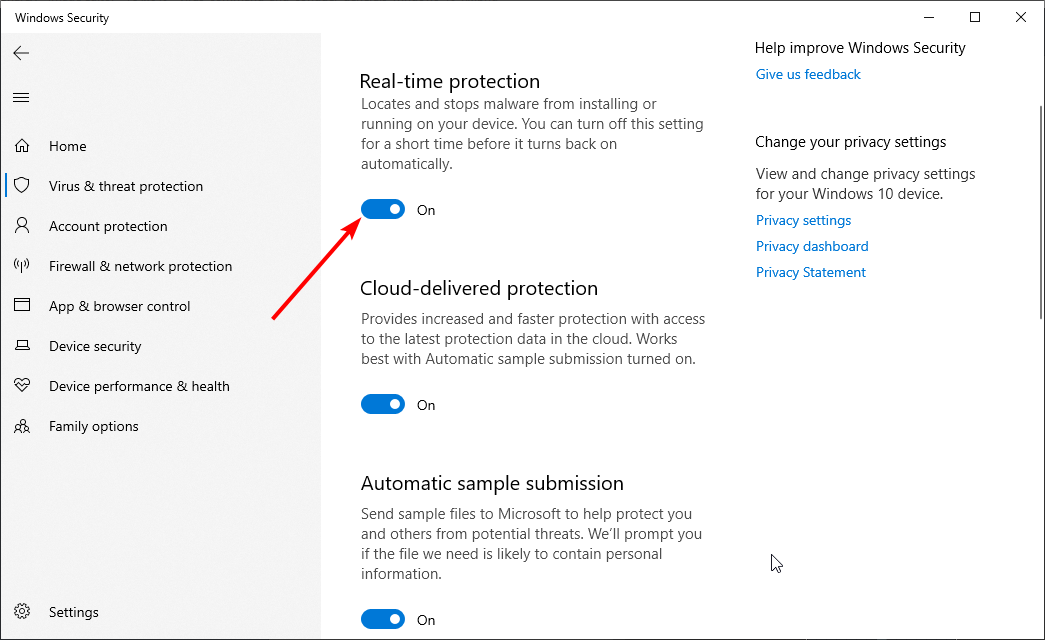 Скриншот опции отключения защиты в реальном времени