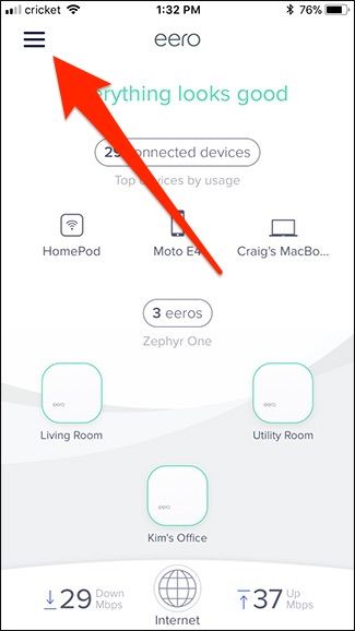 Меню приложения Eero (левый верхний угол)
