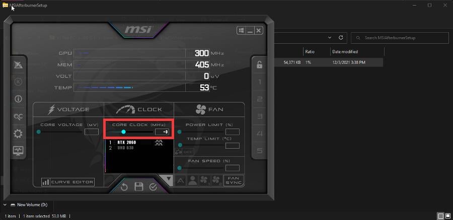 Снижение частоты ядра в MSI Afterburner