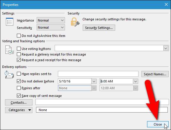 Кнопка «Закрыть» в диалоге свойств сообщения