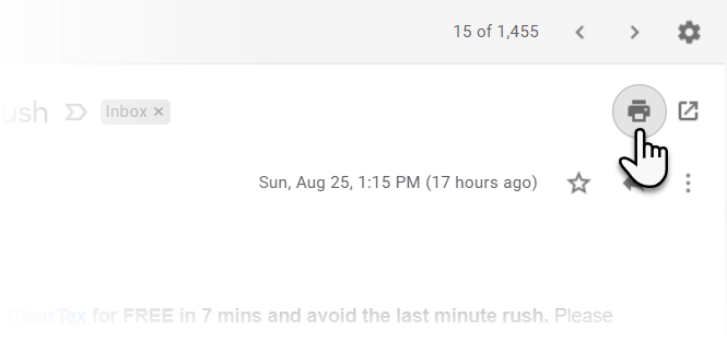 Значок печати в Gmail в углу письма