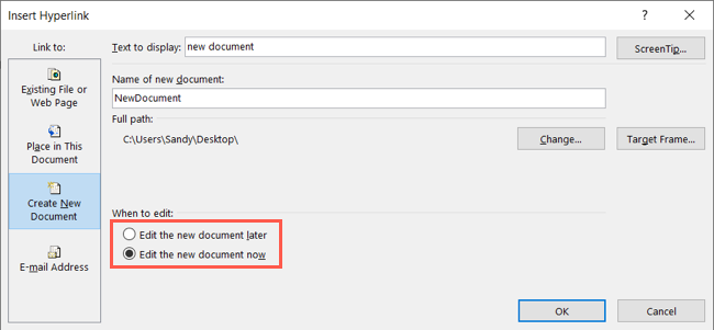 Параметры, когда редактировать новый документ