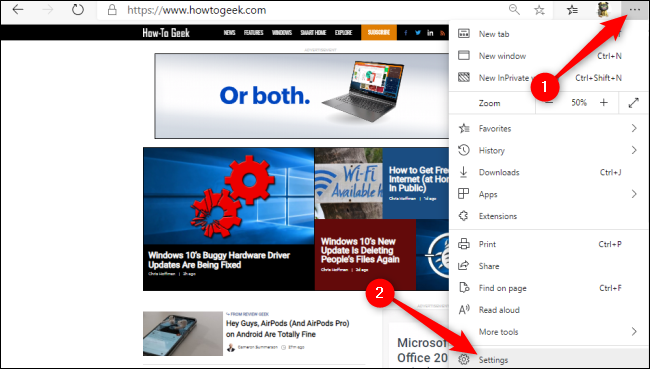 Меню доступа к настройкам в Microsoft Edge