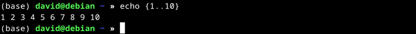 Esempio di stampa dei numeri dall'1 al 10 con parentesi graffe in shell.