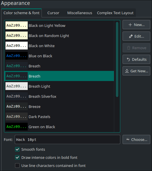 Скриншот списка тем Konsole с кнопкой Get New