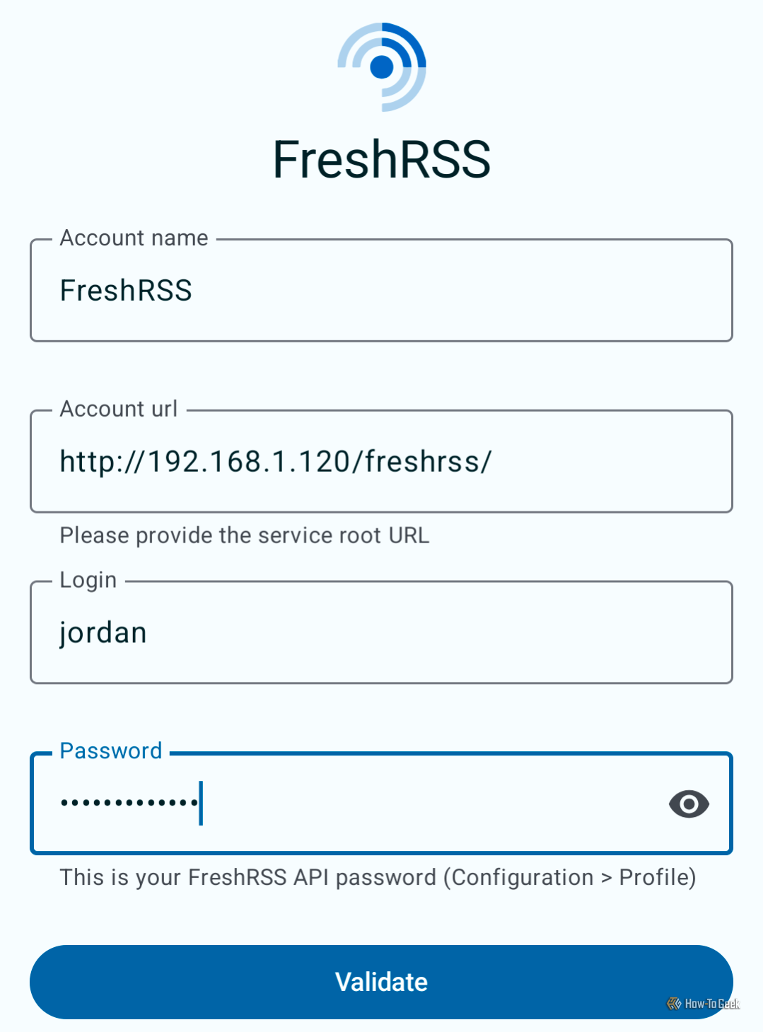 Экран входа Readrops для аккаунтов FreshRSS.