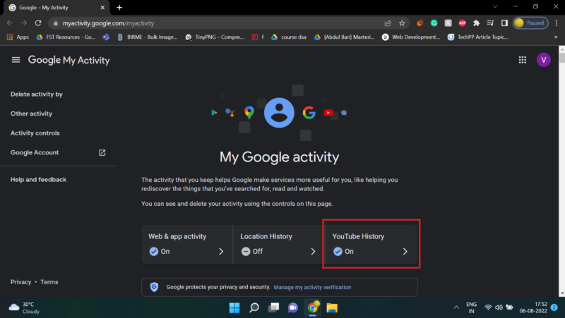 Секция автоудаления в Google My Activity
